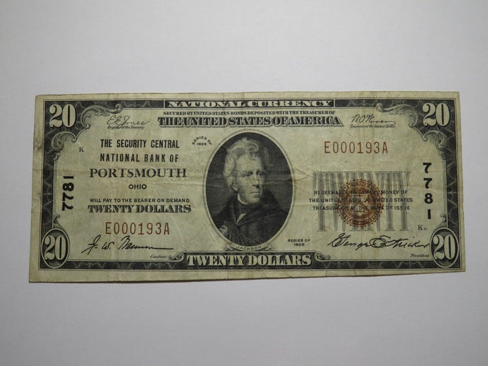 $20 1929 Portsmouth Ohio OH National Currency Bank Note Bill Charter #7781 FINE+