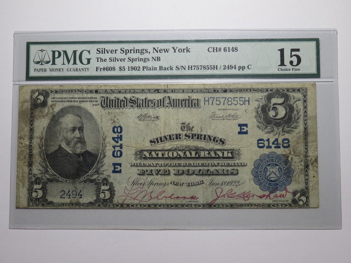 $5 1902 Silver Springs New York NY National Currency Bank Note Bill Ch #6148 PMG