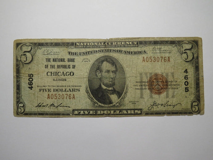 $5 1929 Chicago Illinois IL National Currency Bank Note Bill Charter #4605