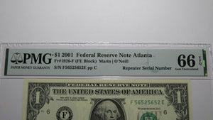 $1 2001 Repeater Serial Number Federal Reserve Currency Bank Note Bill PMG UNC66