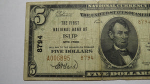 $5 1929 Islip New York NY National Currency Bank Note Bill! Charter #8794 FINE!