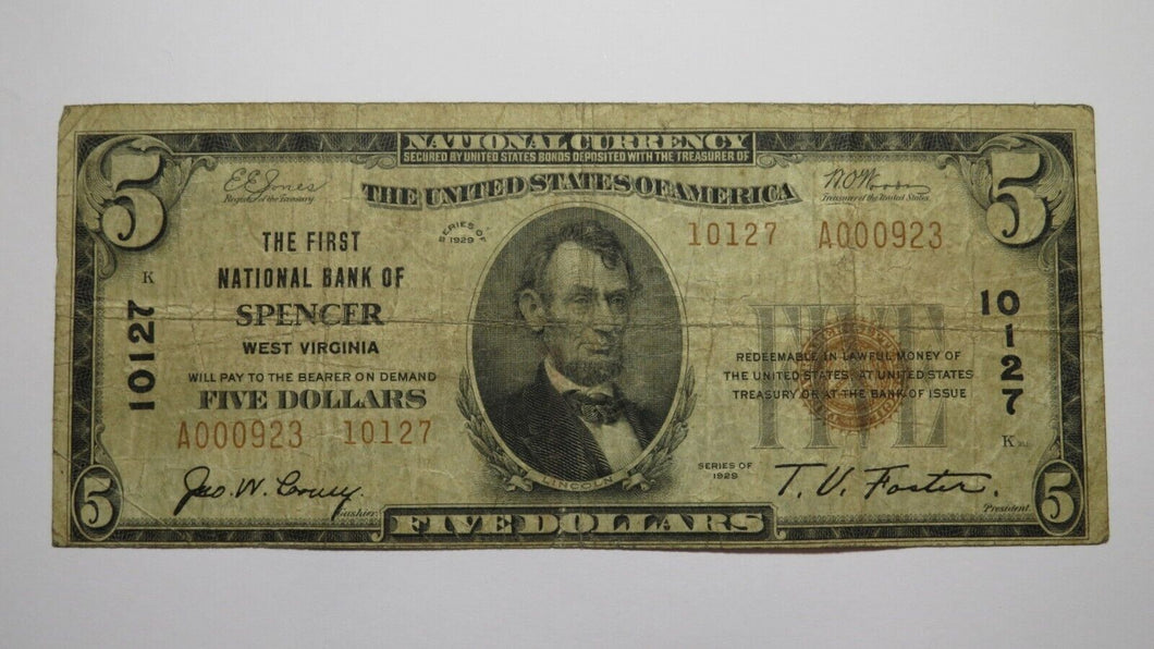 $5 1929 Spencer West Virginia WV National Currency Bank Note Bill Ch. #9462 RARE