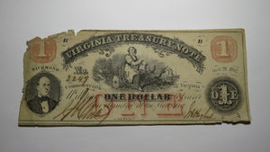 $1 1862 Richmond Virginia VA Obsolete Currency Treasury Bank Note Bill RARE!