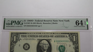 $1 1969 Near Solid Serial Number Federal Reserve Bank Note Bill UNC64 PMG 333333