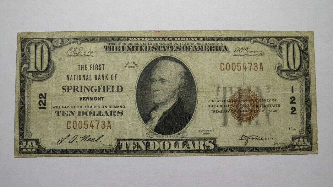 $10 1929 Springfield Vermont VT National Currency Bank Note Bill Ch. #122 FINE+