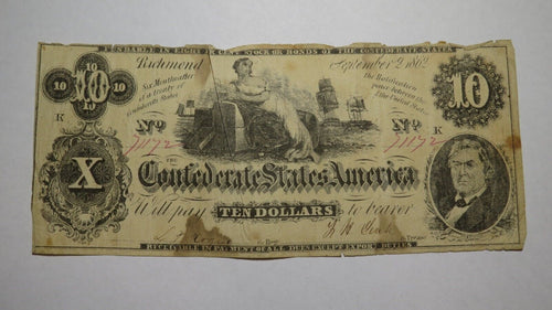 $10 1862 Richmond Virginia VA Confederate Currency Bank Note Bill RARE T46