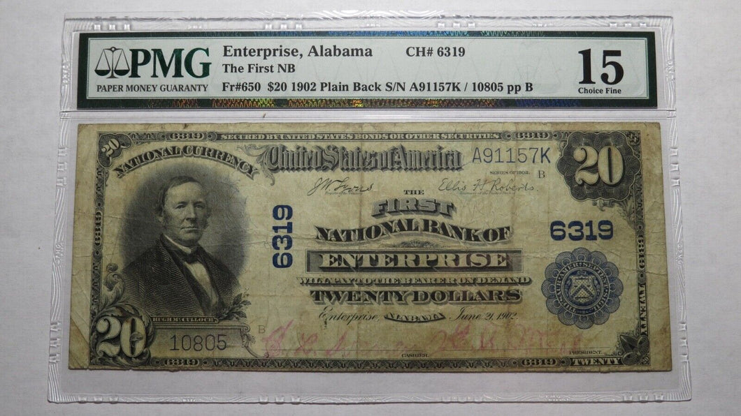 $20 1902 Enterprise Alabama AL National Currency Bank Note Bill! Ch. #6319 PMG!