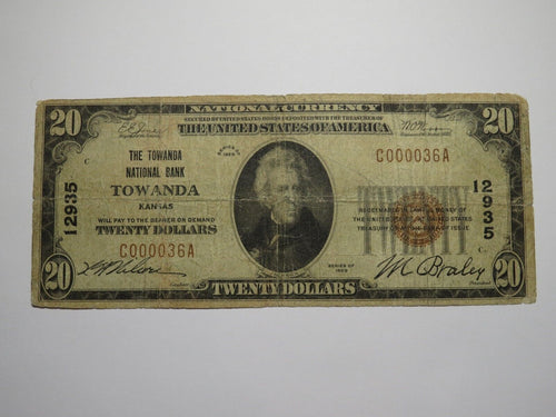 $20 1929 Towanda Kansas KS National Currency Bank Note Bill Charter #12935 RARE
