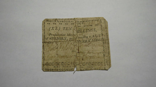 1761 Ten Shillings North Carolina NC Colonial Currency Bank Note Bill 10s RARE!