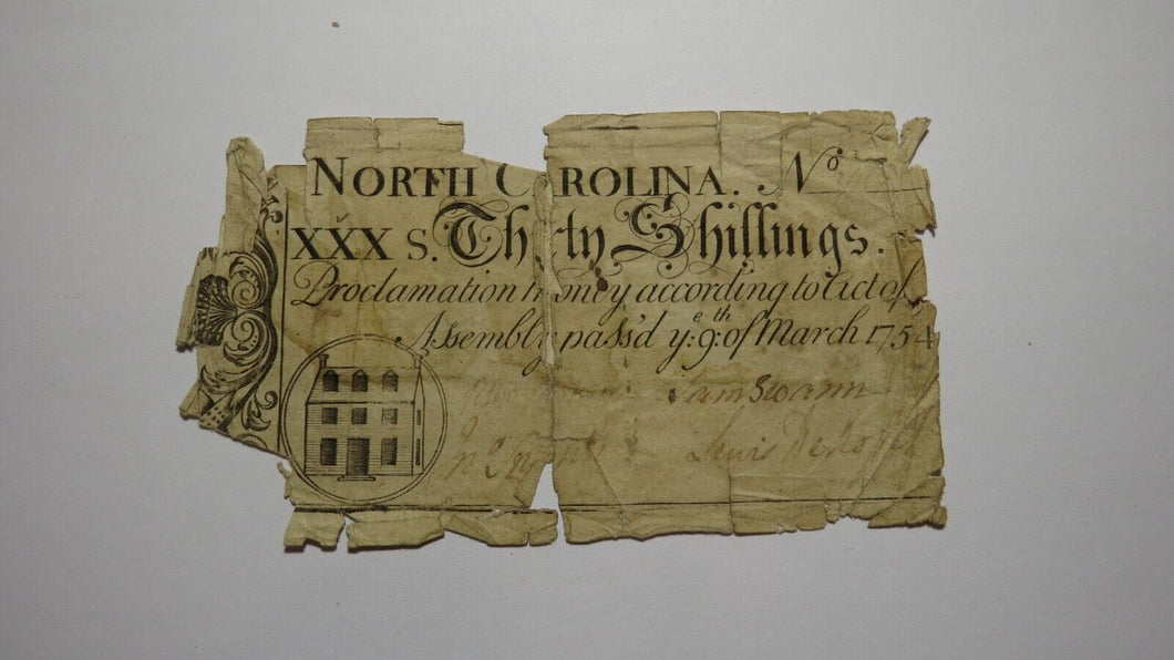 1754 Thirty Shillings North Carolina NC Colonial Currency Note Bill! RARE 30s