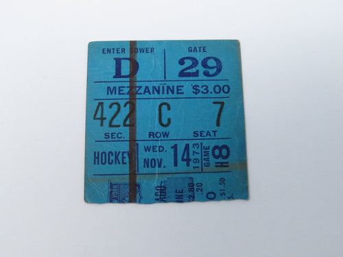 November 14, 1973 New York Rangers Vs. Chicago Blackhawks NHL Hockey Ticket Stub