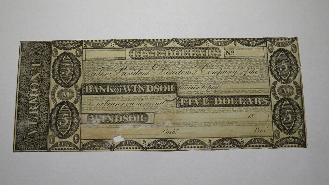 $5 18__ Windsor Vermont VT Obsolete Currency Bank Note Bill Remainder RARE ISSUE