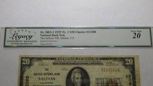 $20 1929 Salinas California CA National Currency Bank Note Bill Ch. #13380 VF20