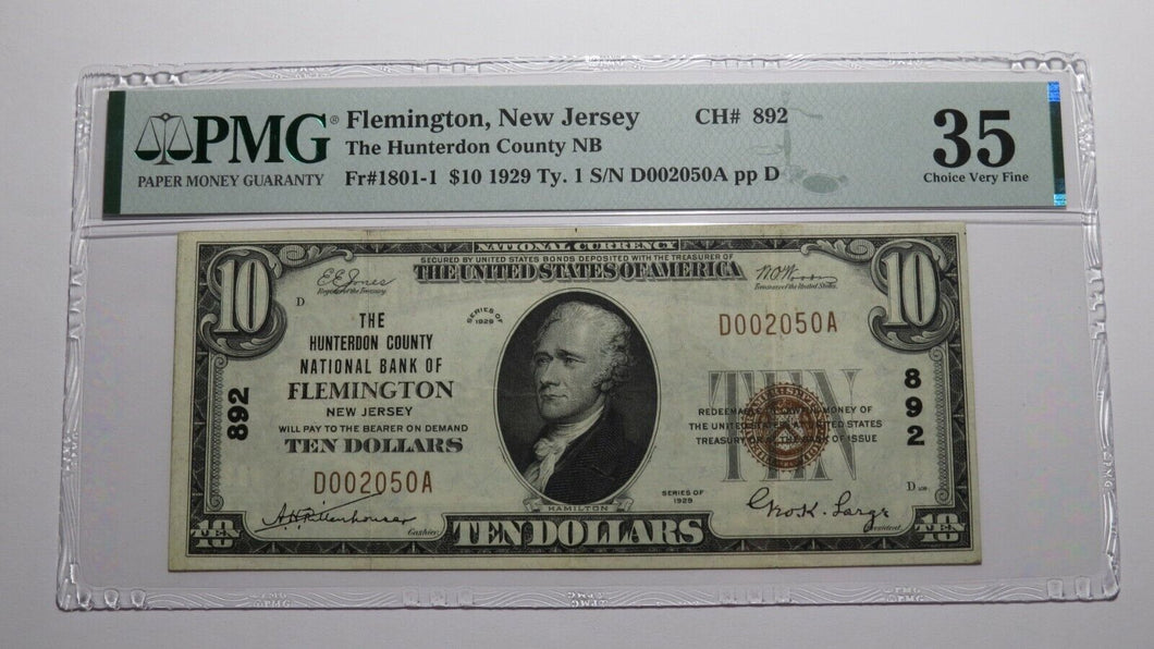$10 1929 Flemington New Jersey NJ National Currency Bank Note Bill Ch #892 VF35!