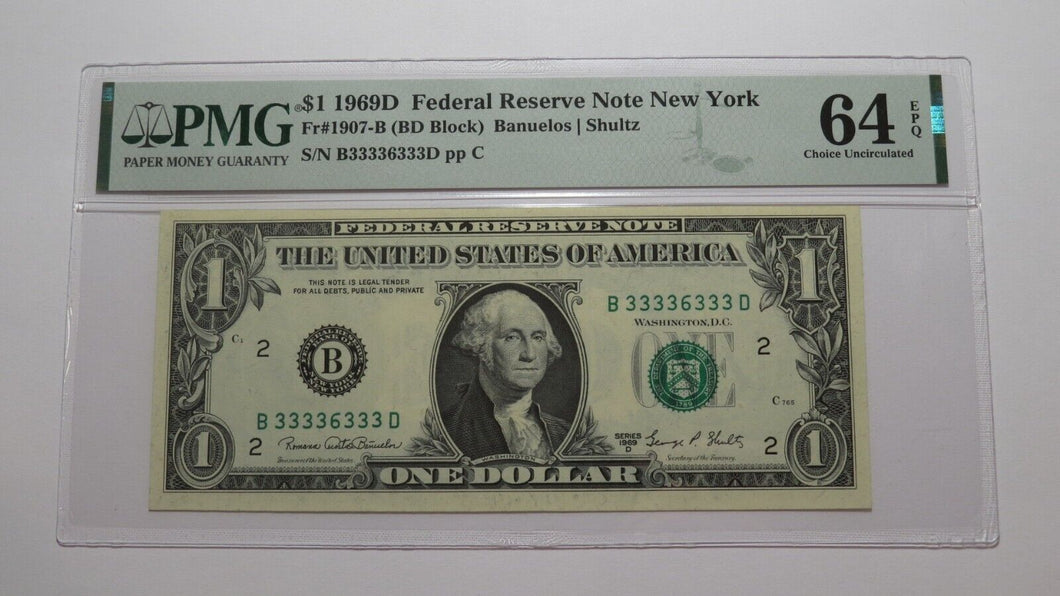 $1 1969 Near Solid Serial Number Federal Reserve Bank Note Bill UNC64 PMG 333333
