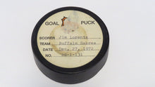 Load image into Gallery viewer, 1972-73 Jim Lorentz Buffalo Sabres Game Used Goal Scored NHL Puck -Rangers Logo