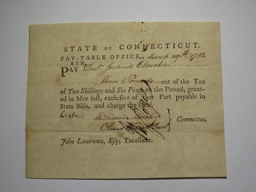 1782 Connecticut Pay Table Office Colonial Currency Note Bill Oliver Wolcott DOI