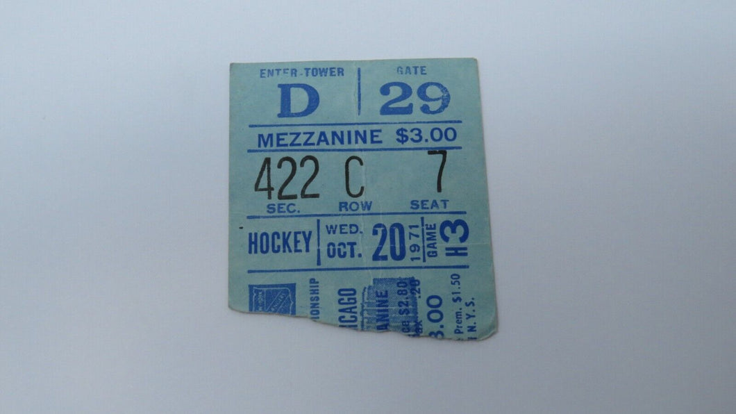October 20, 1971 New York Rangers Vs. Chicago Blackhawks Hockey Ticket Stub