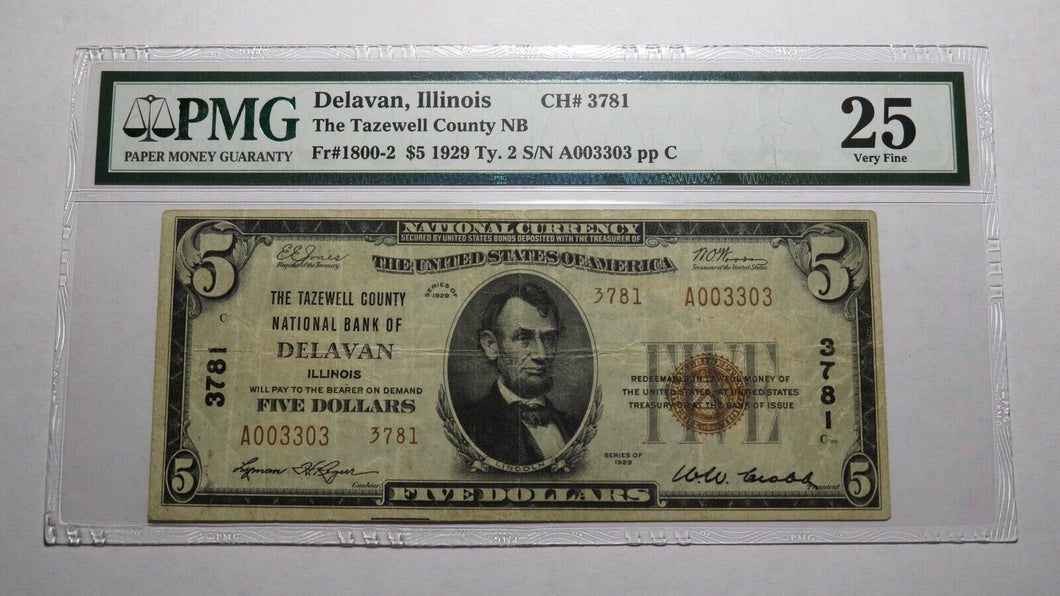 $5 1929 Delavan Illinois IL National Currency Bank Note Bill Ch. #3781 VF25 PMG