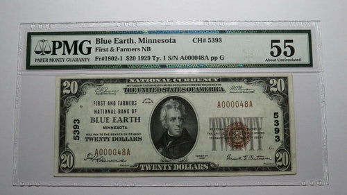 $20 1929 Blue Earth Minnesota MN National Currency Bank Note Bill #5393 AU55 PMG