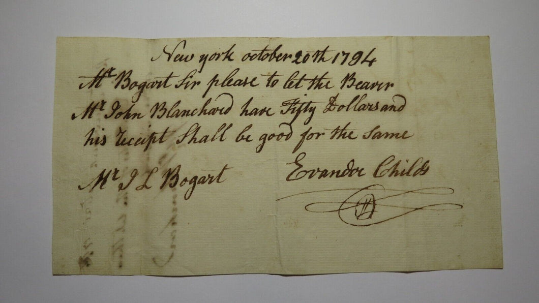 1794 $50 Promissory Note Payable in New York Colonial Currency Note James Bogart
