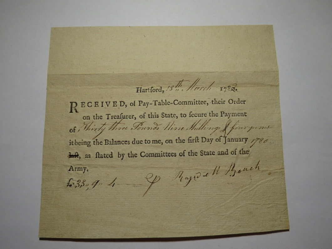 1782 Connecticut Pay Table Office Colonial Currency Note Bill! Hartford CT