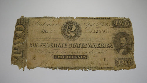 $2 1863 Richmond Virginia VA Confederate Currency Bank Note Bill RARE T61