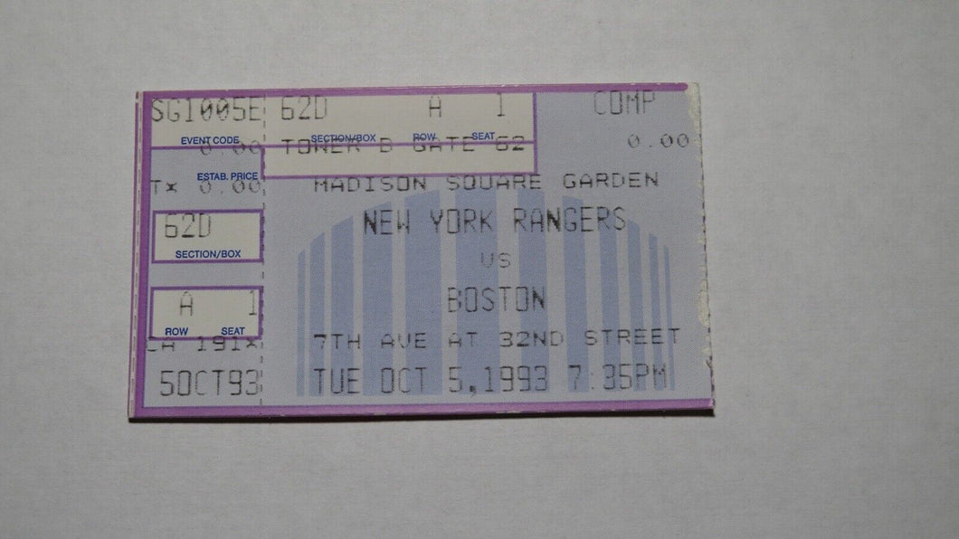 October 5, 1993 New York Rangers Vs. Bruins Hockey Ticket Stub! Opening Night!