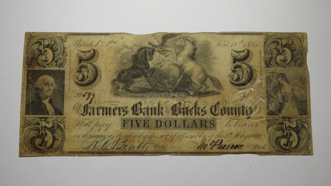 $5 1841 Bristol Pennsylvania PA Obsolete Currency Bank Note Bill Bucks County!