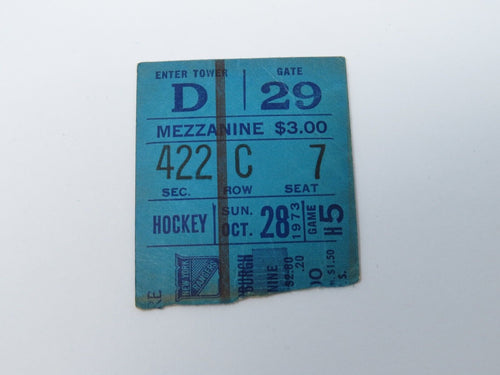 October 28, 1973 New York Rangers Vs. Pittsburgh Penguins NHL Hockey Ticket Stub