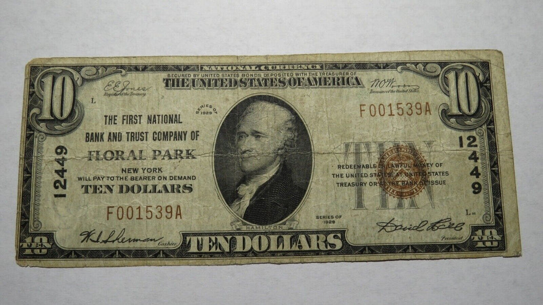 $10 1929 Floral Park New York NY National Currency Bank Note Bill Charter #12449