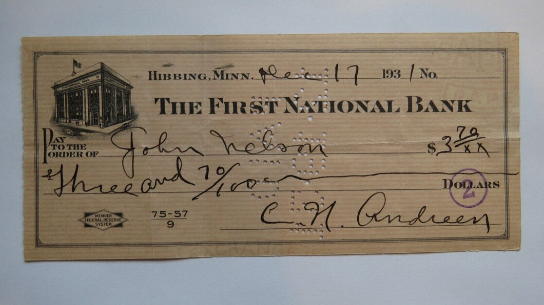 $3.70 1931 Hibbing Minnesota MN Cancelled Check! First National Bank