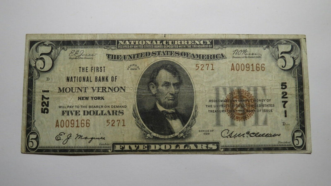 $5 1929 Mount Vernon New York NY National Currency Bank Note Bill Ch #5271 RARE