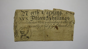 1754 Fifteen Shillings North Carolina NC Colonial Currency Note Bill! RARE 15s