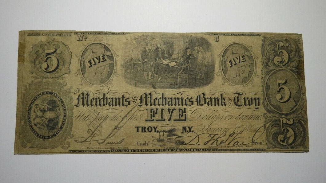 $5 1864 Troy New York NY Obsolete Currency Bank Note Bill! Merchants & Mechanics