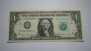 $1 1988 Repeater Serial Number Federal Reserve Currency Bank Note Bill UNC+ 7441