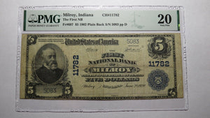 $5 1902 Milroy Indiana IN National Currency Bank Note Bill Ch. #11782 VF20 PMG
