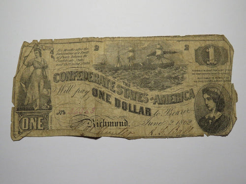 $1 1862 Richmond Virginia VA Confederate Currency Bank Note Bill RARE T44
