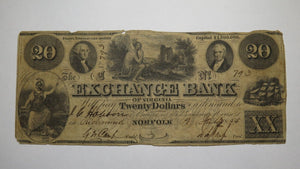 $20 1855 Norfolk Virginia VA Obsolete Currency Bank Note Bill! The Exchange Bank