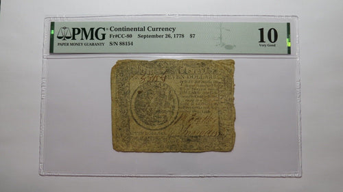 $7 1778 Continental Colonial Currency Note Bill Fifty Dollars PMG Graded VG10