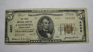 $5 1929 California Pennsylvania PA National Currency Bank Note Bill Ch. #4622