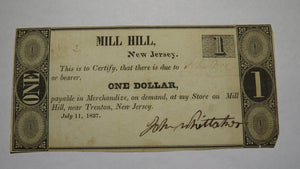 $1 1837 Mill Hill New Jersey NJ Trenton John Whittaker Obsolete Currency Note!