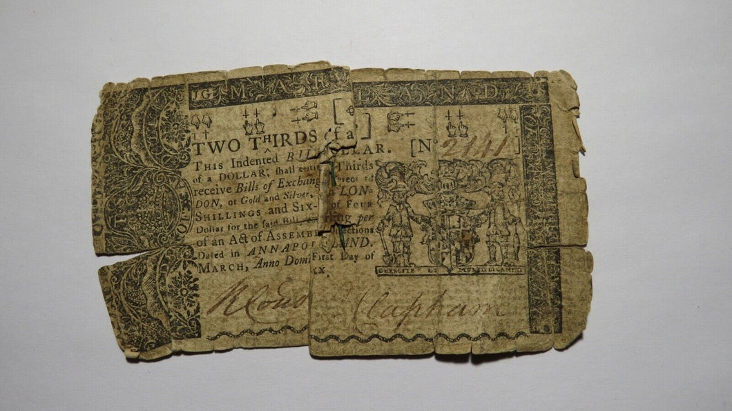 1770 $2/3 Annapolis Maryland MD Colonial Currency Note Bill! Two Thirds Dollar!