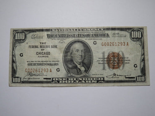 $100 1929 Chicago Illinois IL National Currency Note Federal Reserve Bank VF