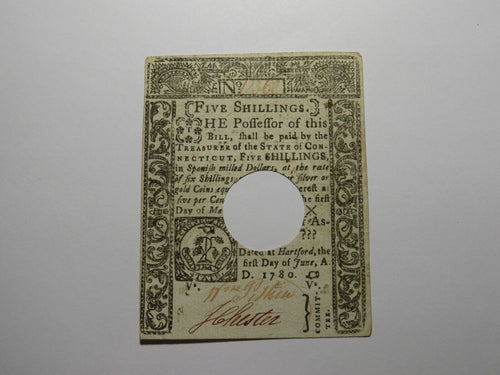 1780 5s Hartford Connecticut CT Colonial Currency Note Bill Five Shillings RARE