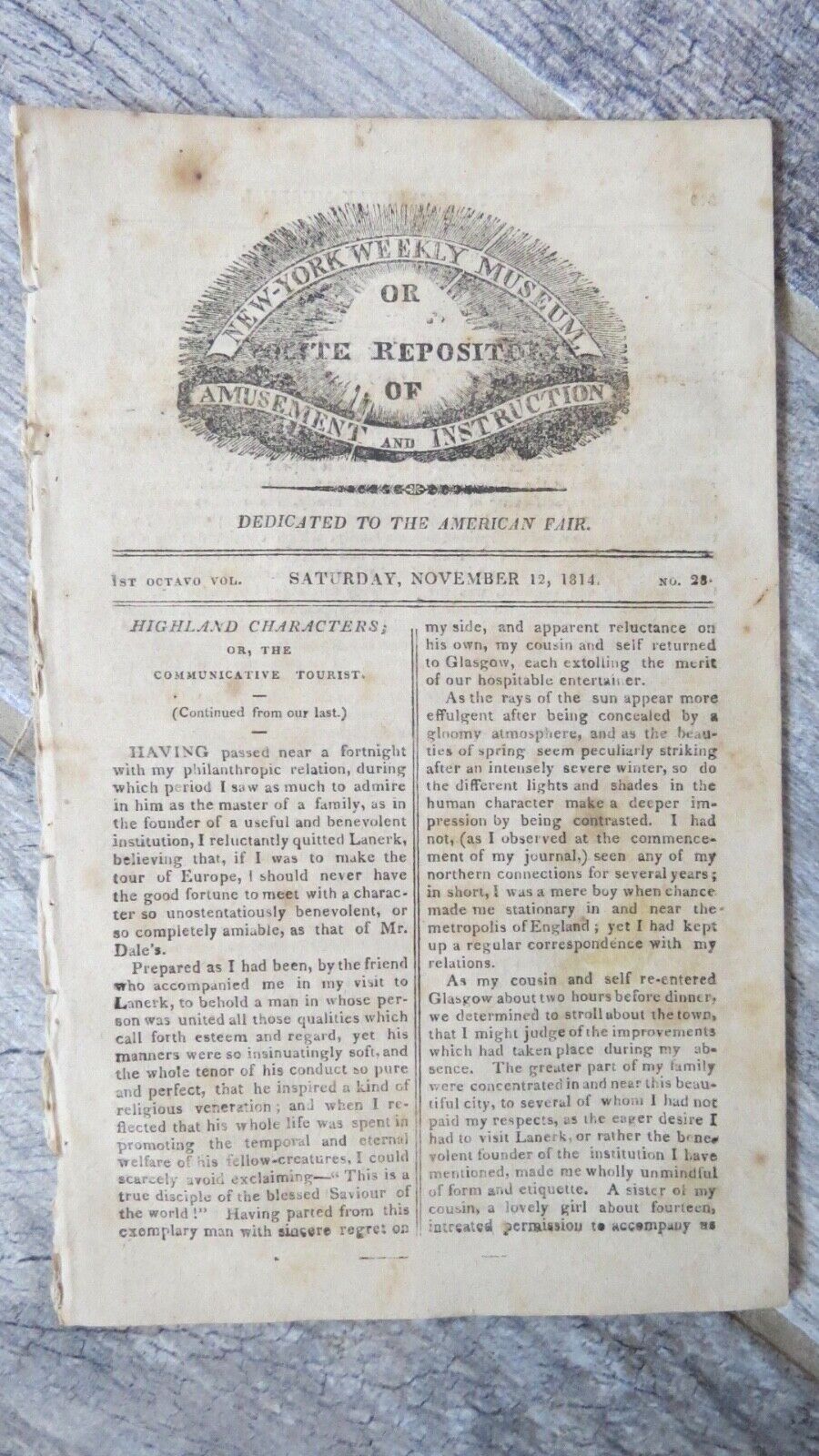 November 12, 1814 New York Weekly Museum Newspaper NY Amusement and Instruction