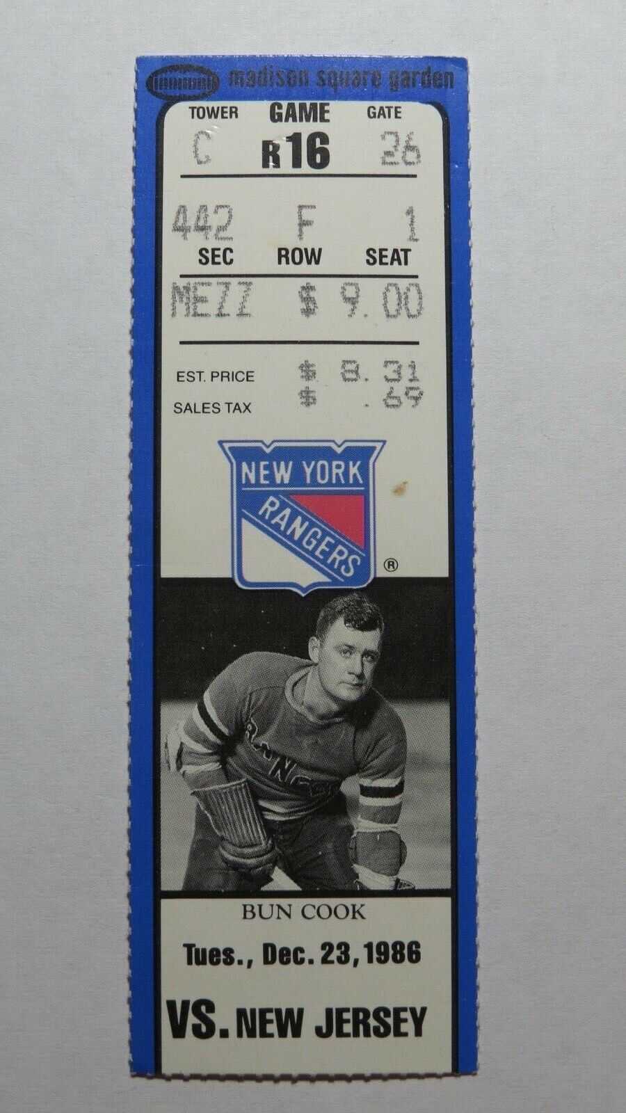 December 23, 1986 New York Rangers Vs. New Jersey Devils NHL Hockey Ticket Stub!