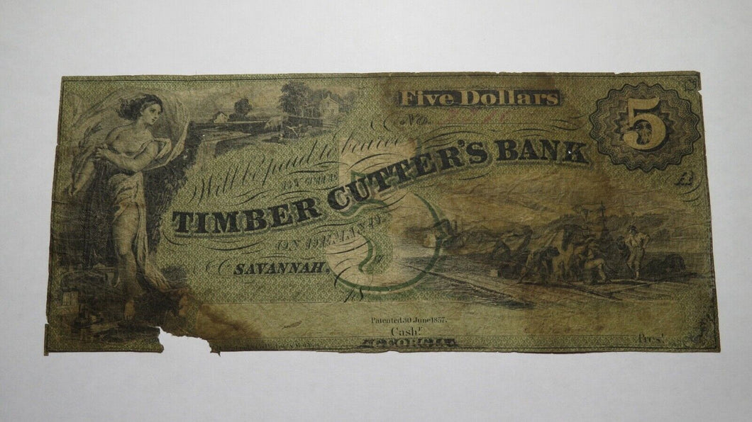 $5 1857 Savannah Georgia GA Obsolete Currency Bank Note Bill Timber Cutters Bank