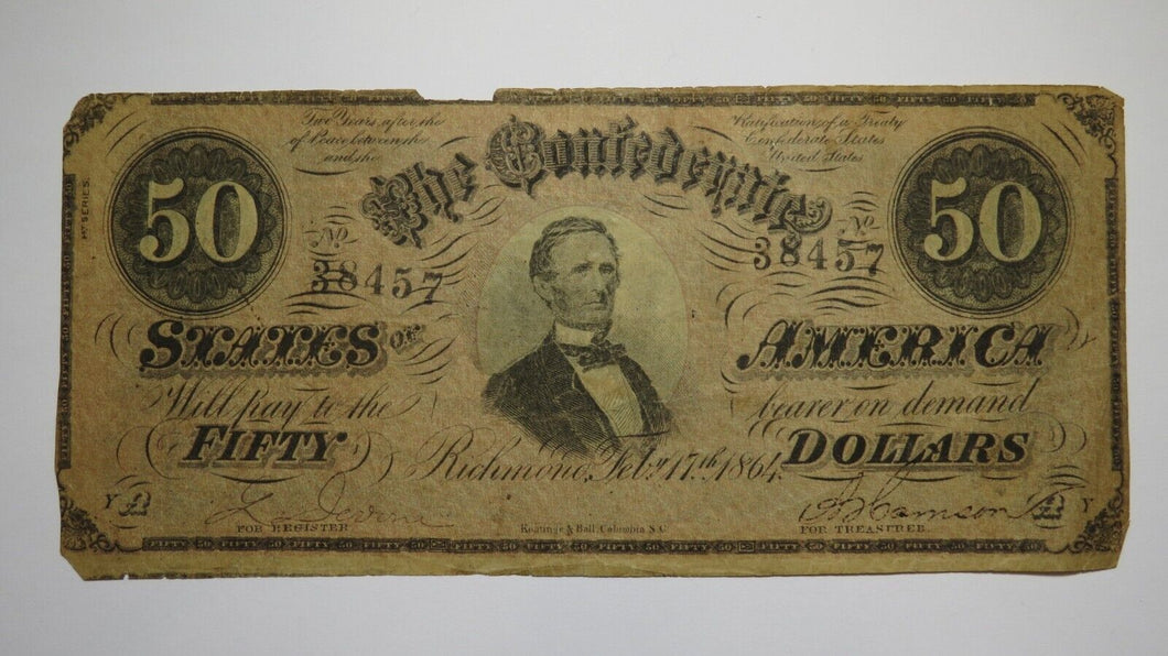 $50 1864 Richmond Virginia VA Confederate Currency Bank Note Bill RARE T66