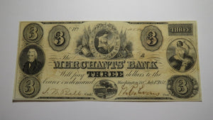 $3 1852 Washington D.C. Obsolete Currency Bank Note Bill Merchants Bank VF